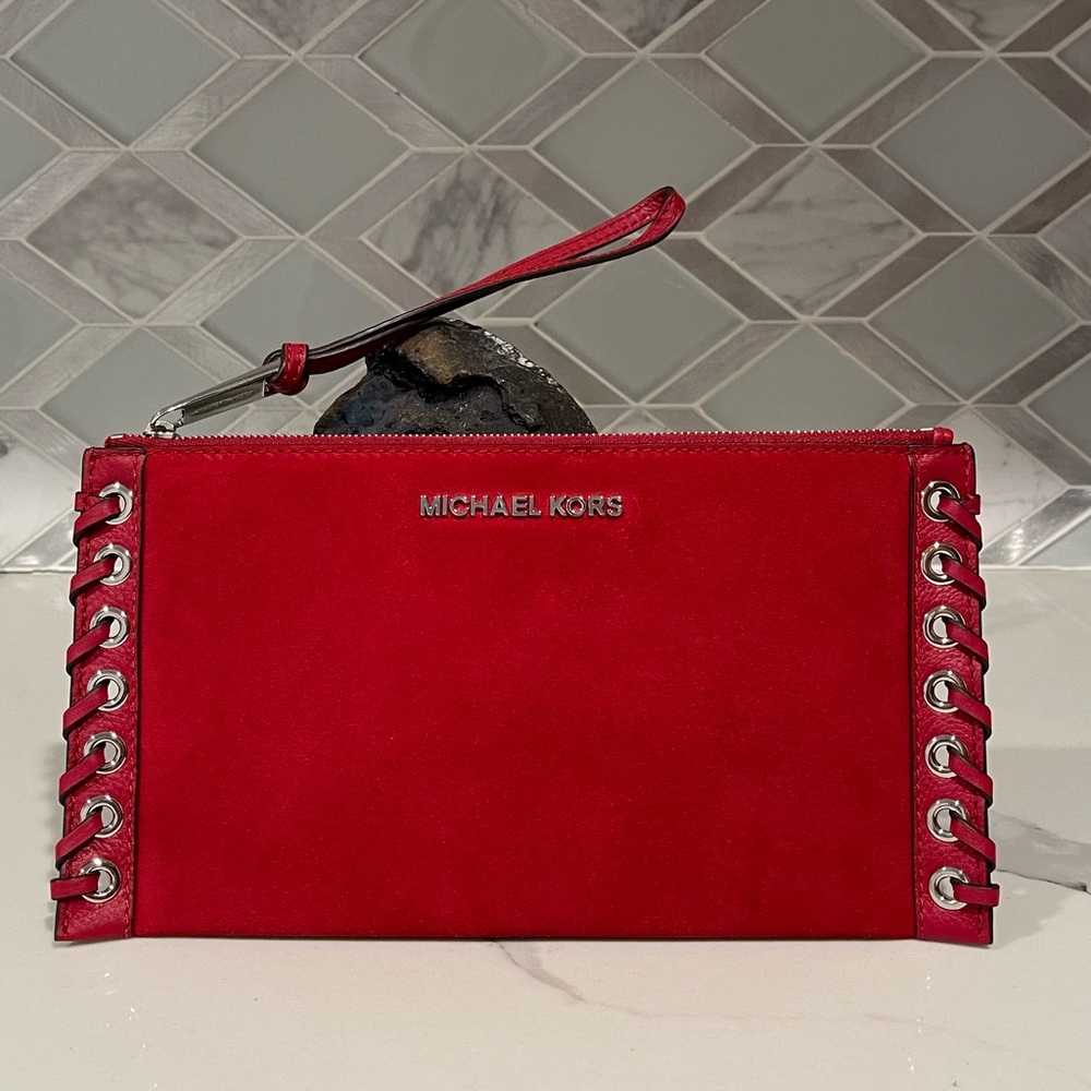 Red suede Michael Kors wristlet clutch